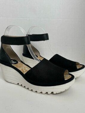 Fly London Sandals Yake Wedge Leather Perforated Ankle Comfort Travel Black